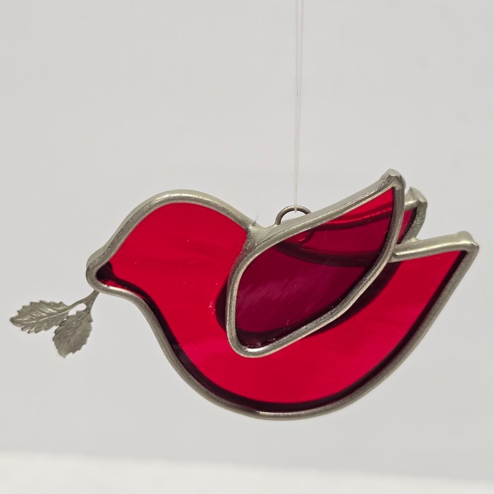 Vintage Stained Glass Red Bird w Leaf Window Sun Catcher Or Christmas Ornament